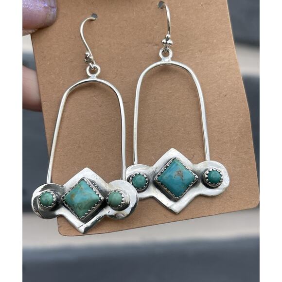 Turquoise Sterling Silver Wire Earrings Native Style SW Big 3 Stone Drop Hoop - Picture 1 of 5